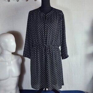 DR2 Black White Polka Dot Pattern Poly 3/4 Sleeve Tie Waist Lined Shirt Dress XL